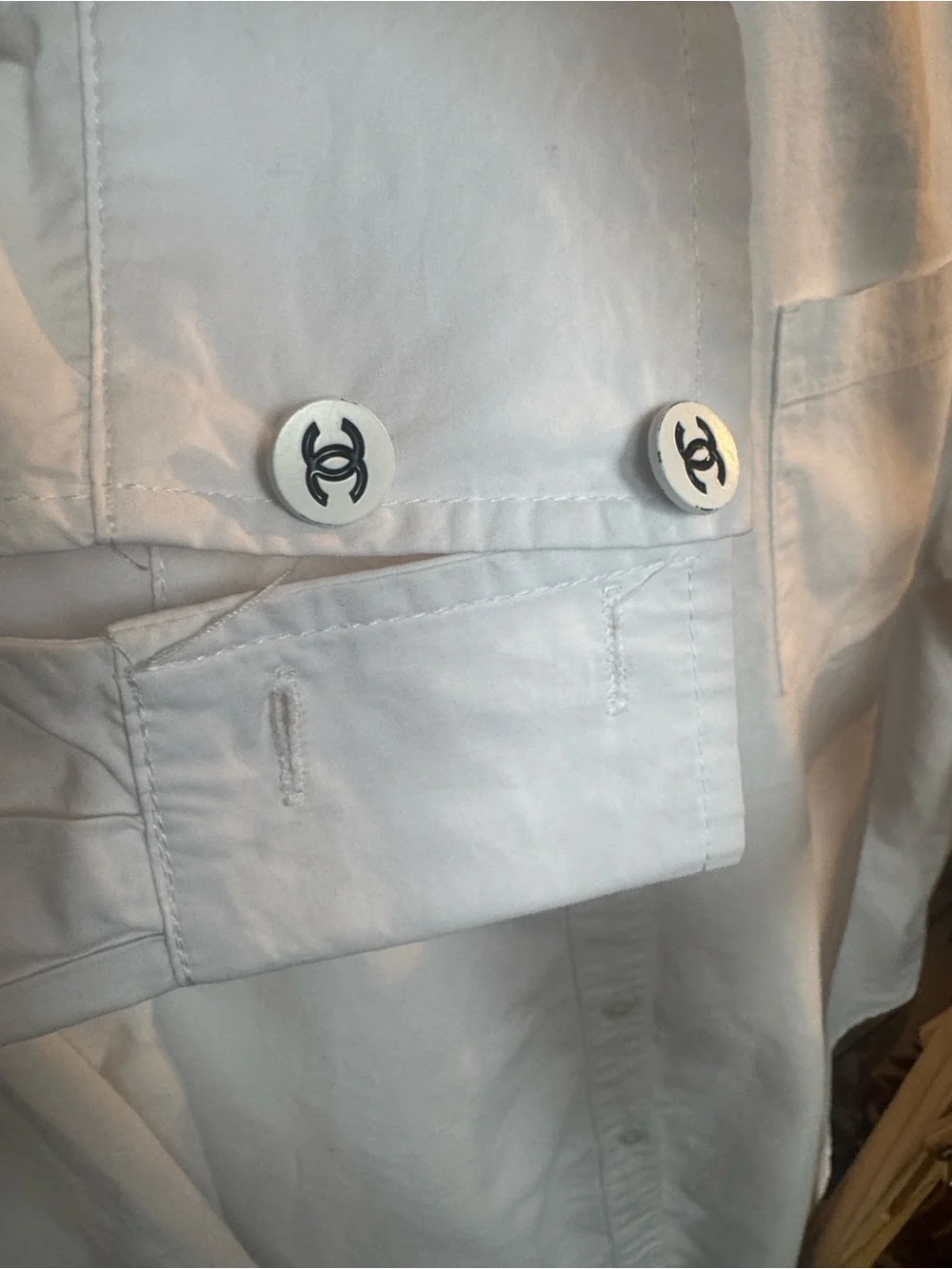 CHANEL White Button-Up Shirt with Black CC Pocket Logo - Picture 4 of 5